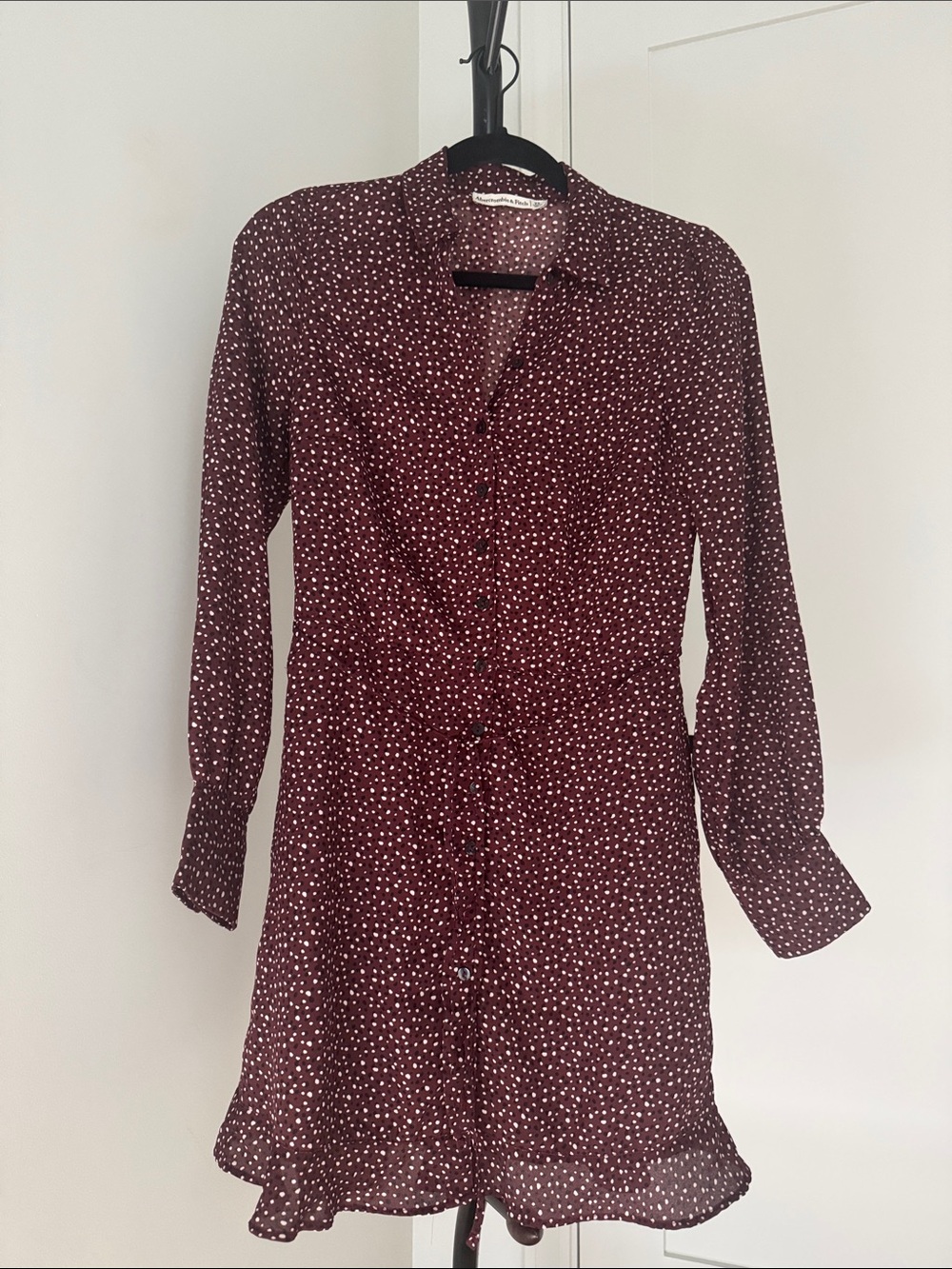 Abercrombie & Fitch Burgundy Long-Sleeve Dot Print Tie-Waist Dress